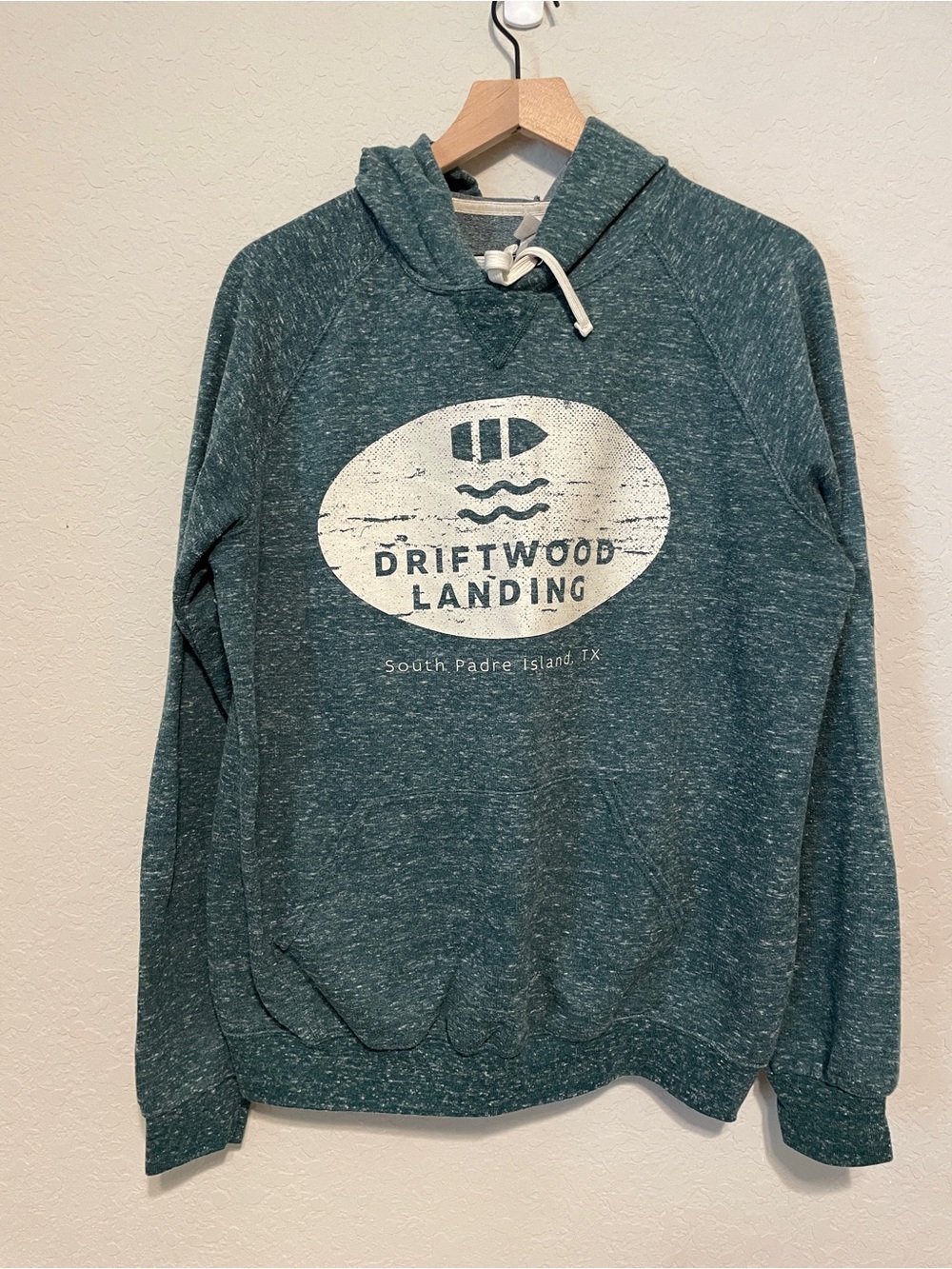 Jerzees Teal Marled Hooded Pullover with White Driftwood Graphic